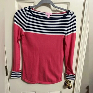 Lilly Pulitzer Maria Pink Navy White Striped Long Sleeve Knit Sweater Size S